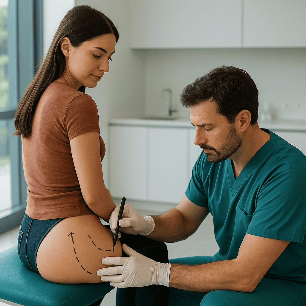 Consultation en clinique pour un lifting fessier en Turquie, marquage préopératoire
