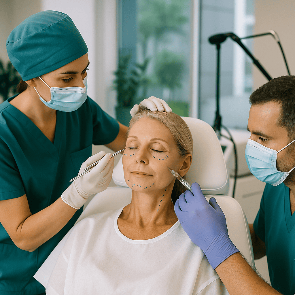 Femme recevant un lifting associé à une blépharoplastie et un lipofilling dans une clinique moderne