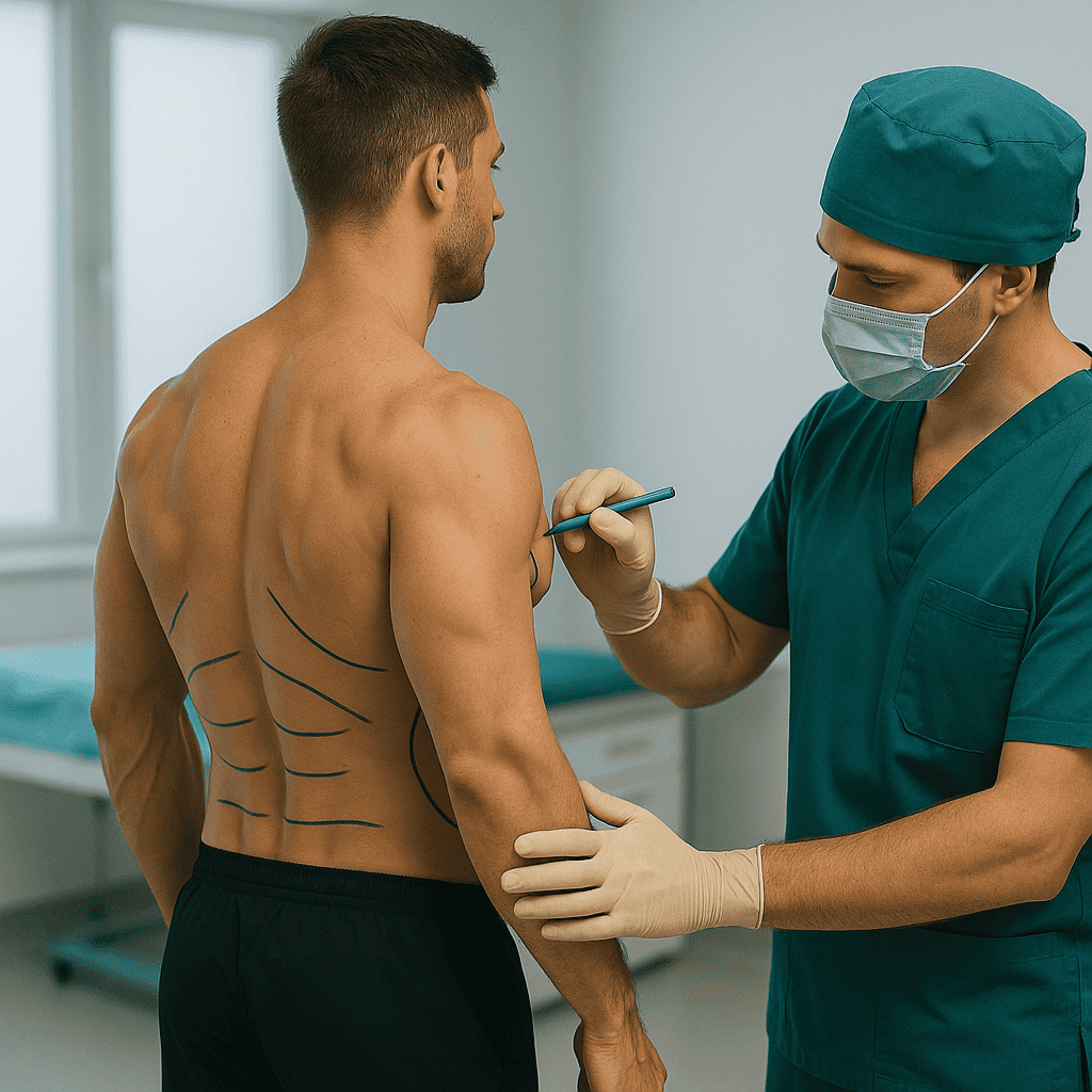 Marquage préopératoire pour une liposuccion 4D de haute précision Patient athlétique marqué pour une liposuccion 4D dans une clinique turque