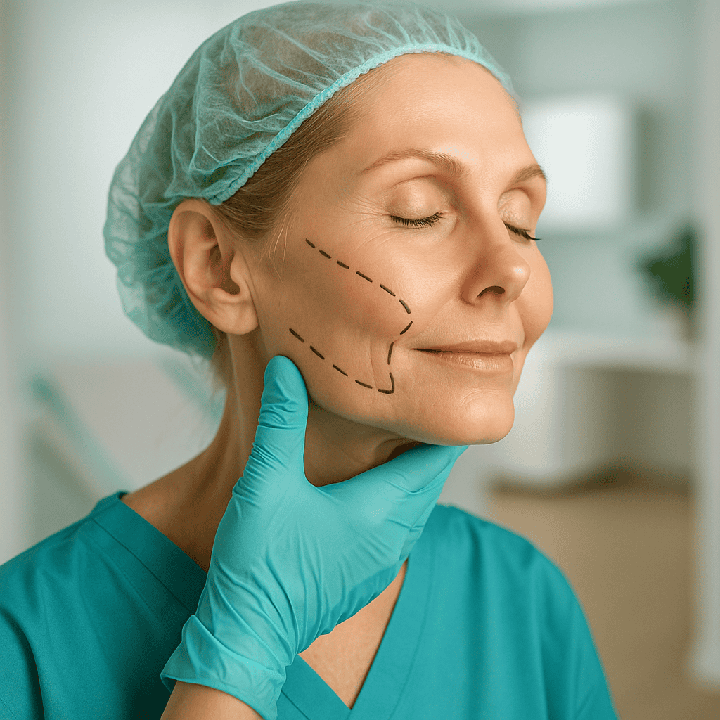 Femme après un mini-lifting du visage, avec résultats naturels visibles au niveau des joues