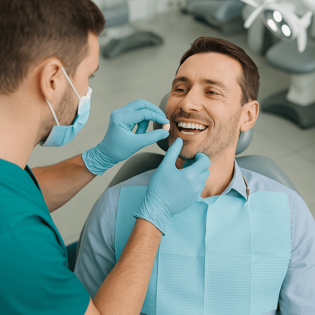 Pose finale d'une couronne dentaire par un dentiste dans un cabinet moderne en Turquie