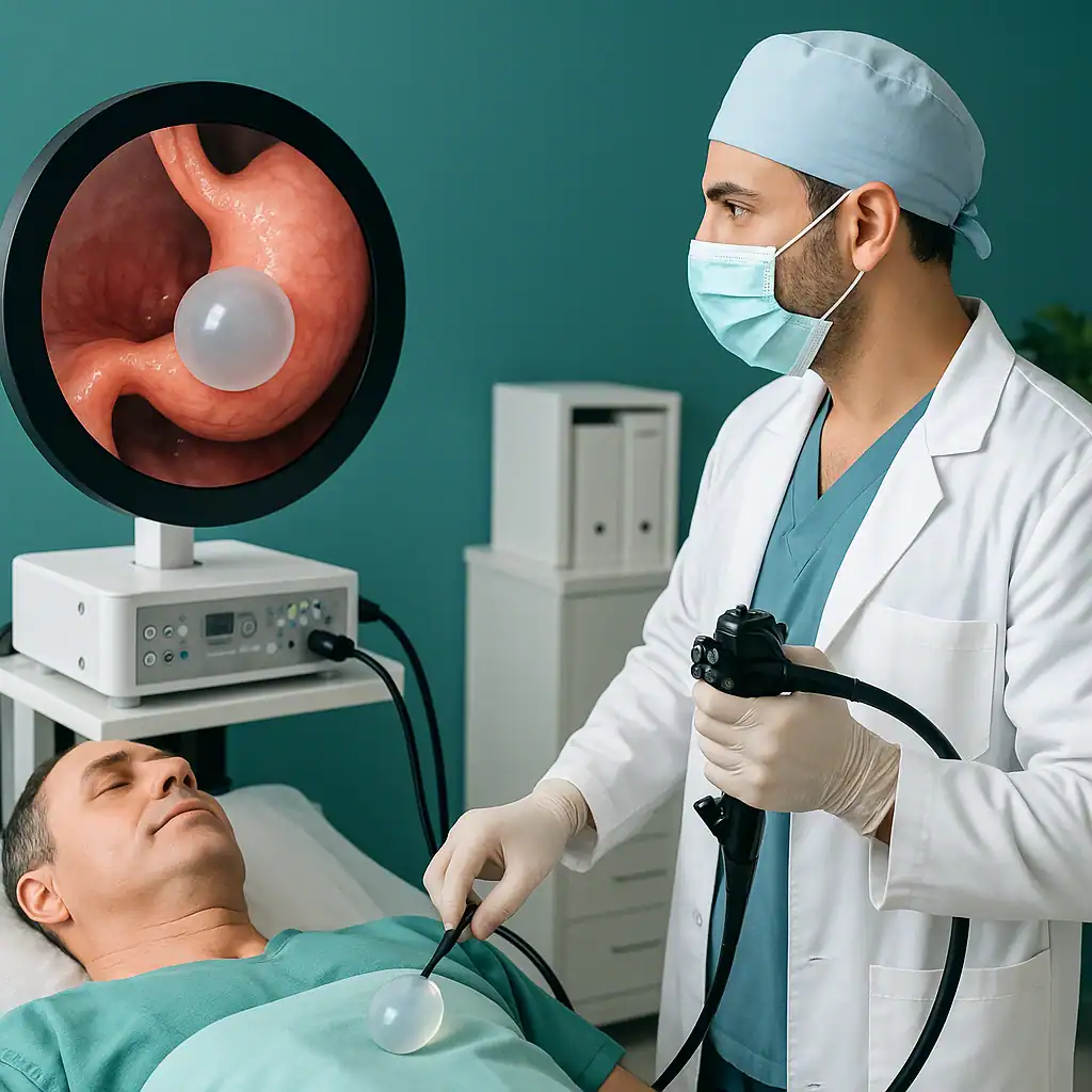 Scène réaliste de pose d’un ballon gastrique par endoscopie dans une clinique turque