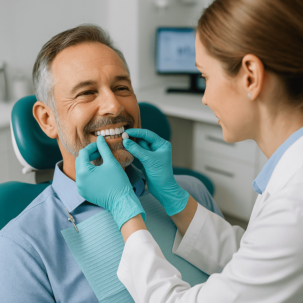 Dentista che applica una corona dentale definitiva in ceramica o zirconia a un paziente sorridente in clinica in Turchia.