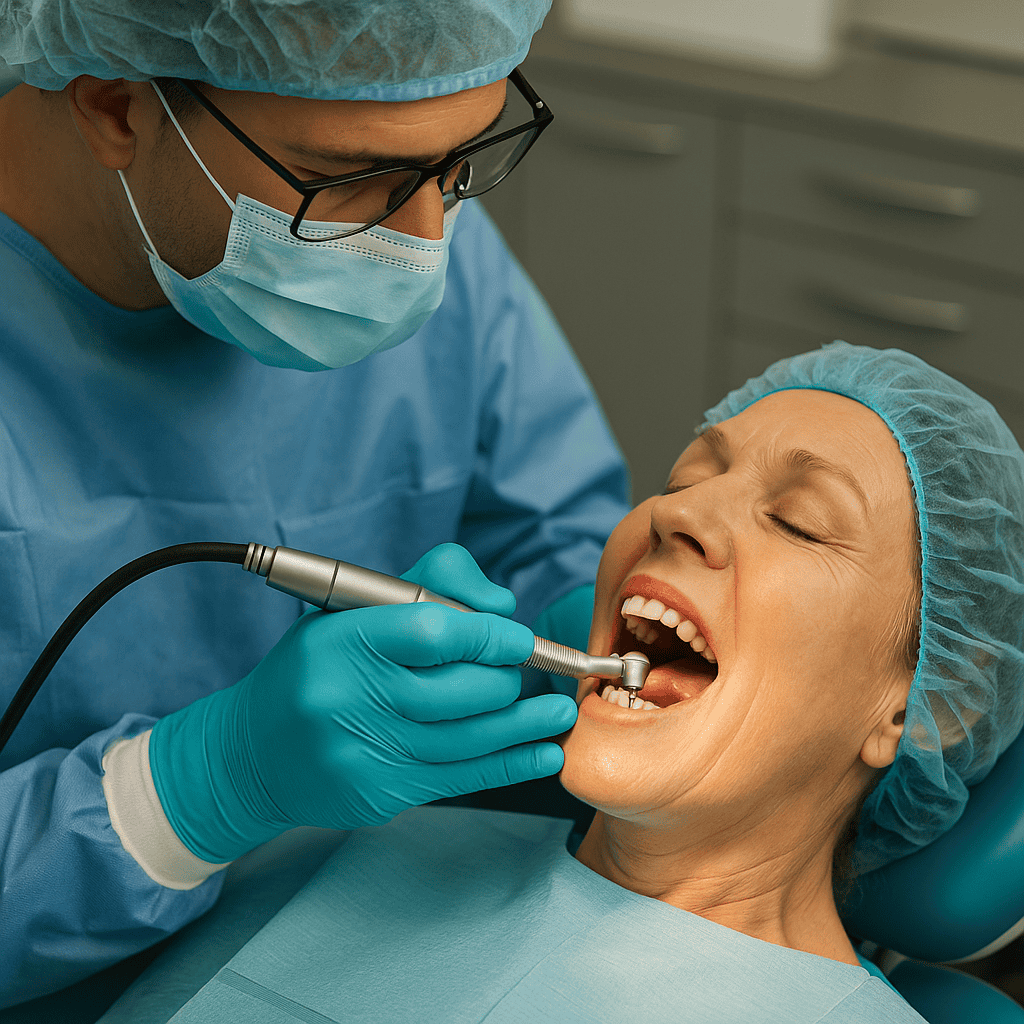 Intervento di implantologia dentale: dentista esegue inserimento impianto in anestesia locale su paziente.