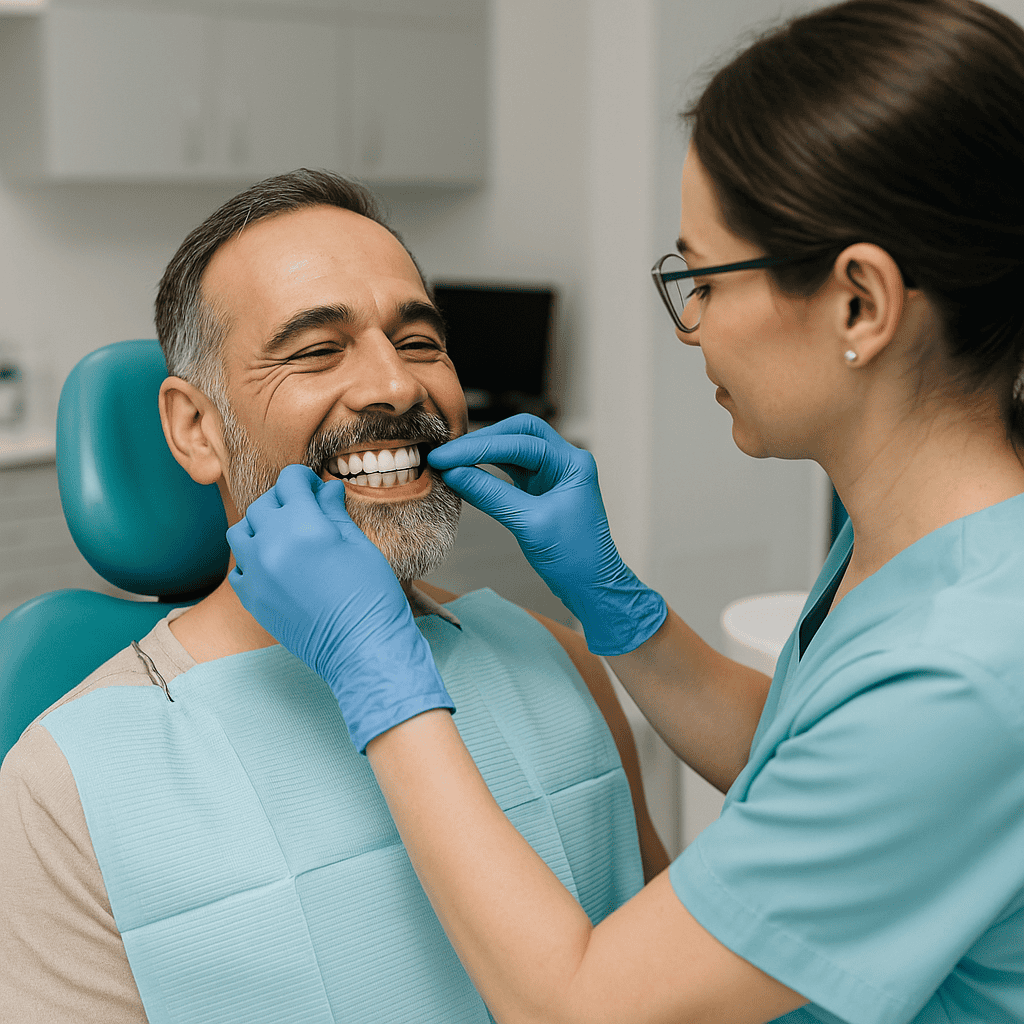 patient souriant pendant la pose d’une prothèse dentaire définitive en clinique