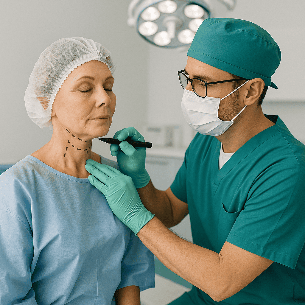Preparazione chirurgica e anestesia per lifting del collo: tracciamento preciso dei punti di riferimento.