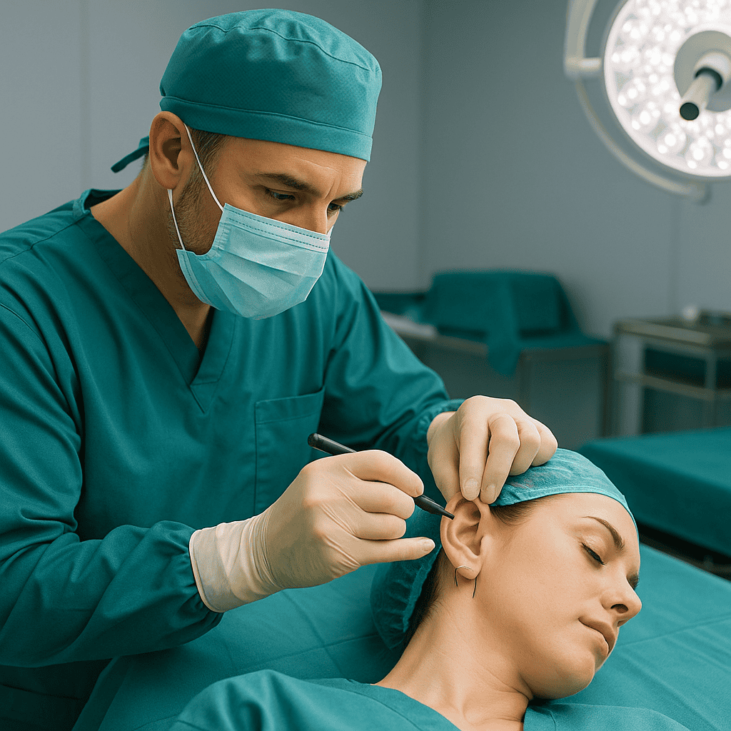 Chirurgo in sala operatoria prepara la paziente per intervento di otoplastica in anestesia locale