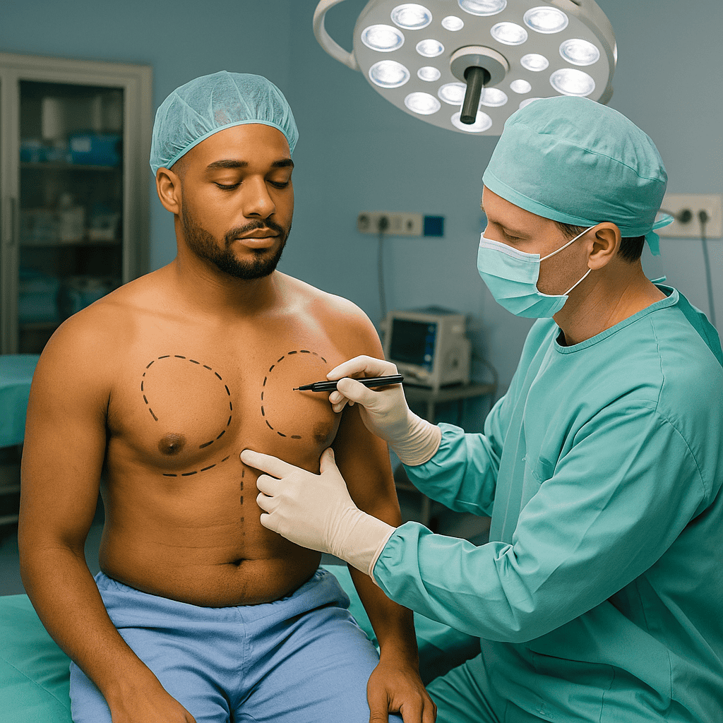 marquage chirurgical du torse d’un patient avant gynécomastie