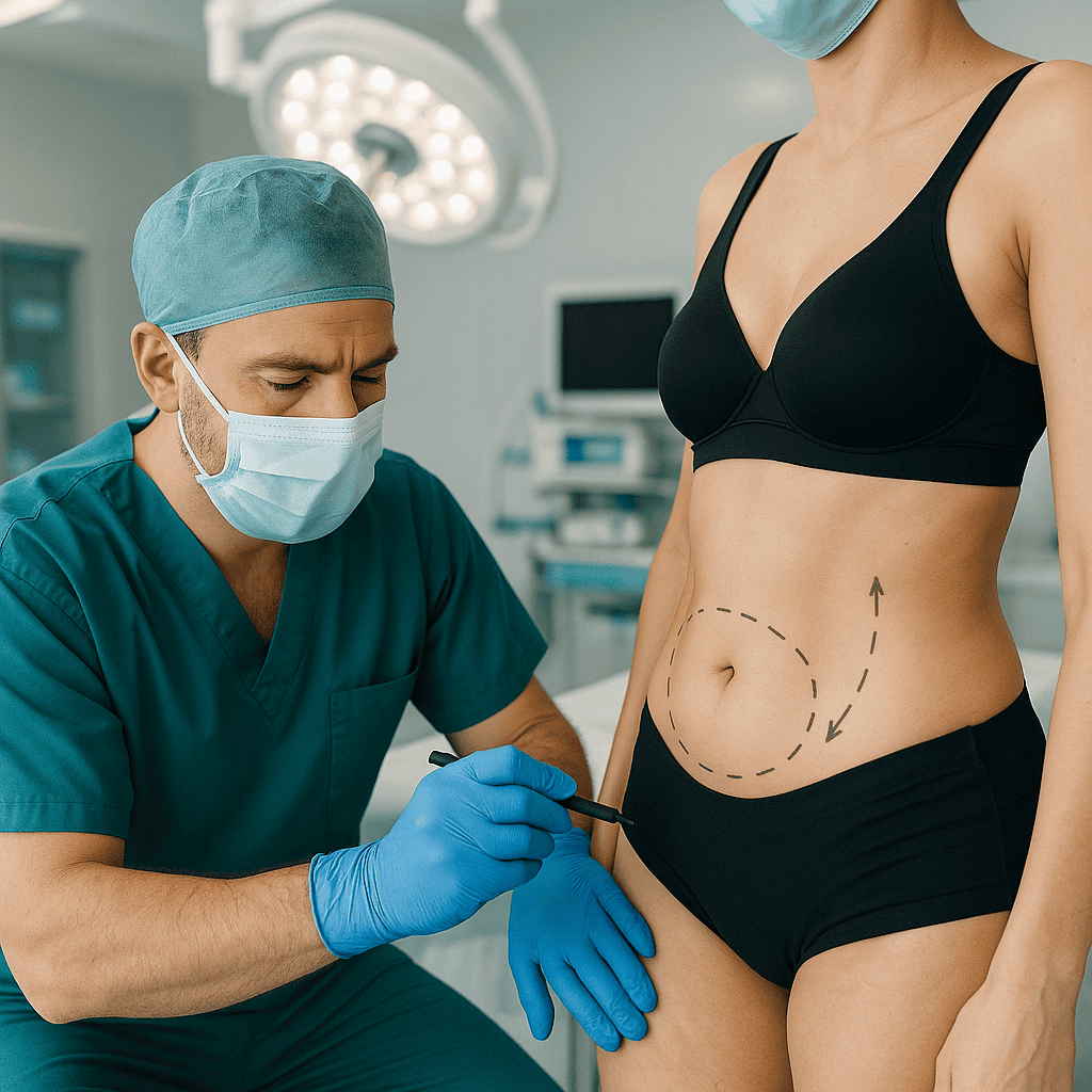 Marquage chirurgical avant une liposuccion en Turquie Préparation à l’intervention de liposuccion dans une clinique turque moderne