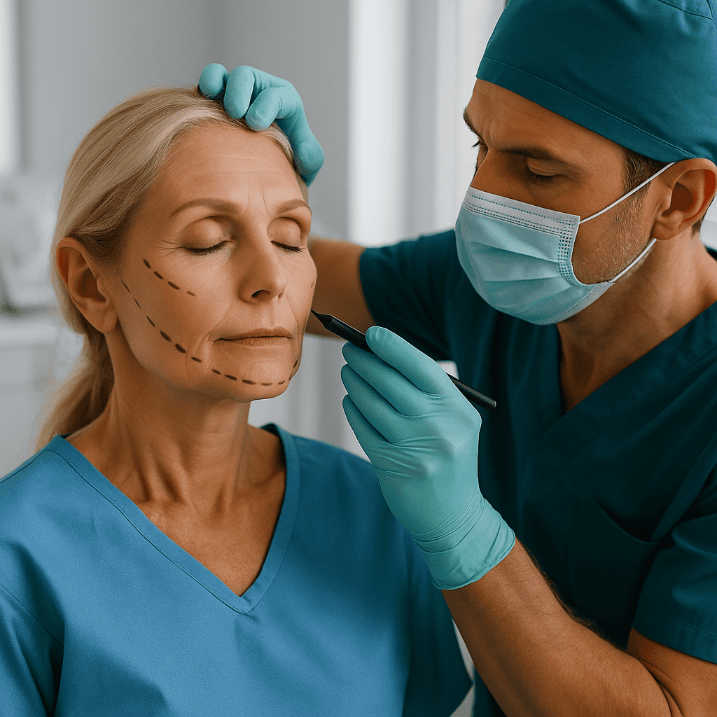 préparation médicale d’une patiente avant un lifting du visage
