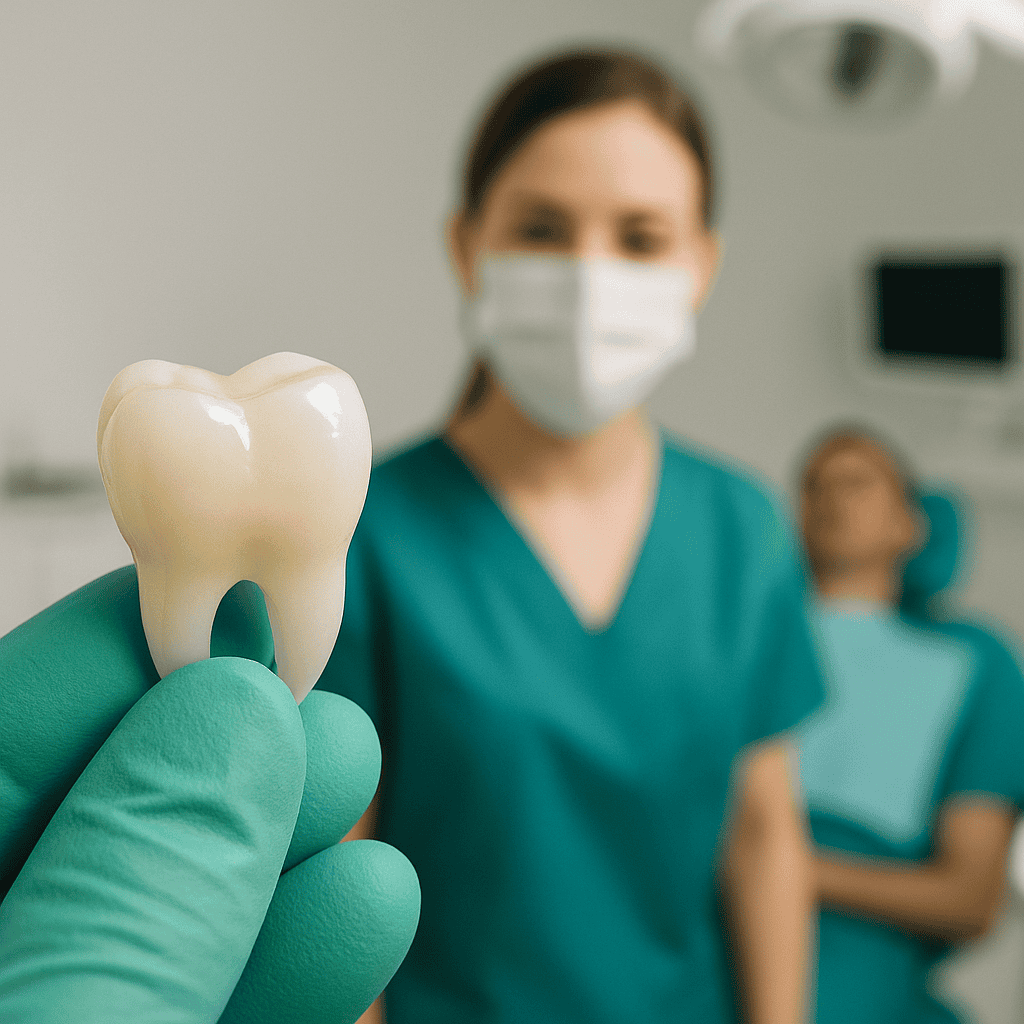 Dentista in clinica odontoiatrica mostra una corona dentale in ceramica pronta per l'applicazione