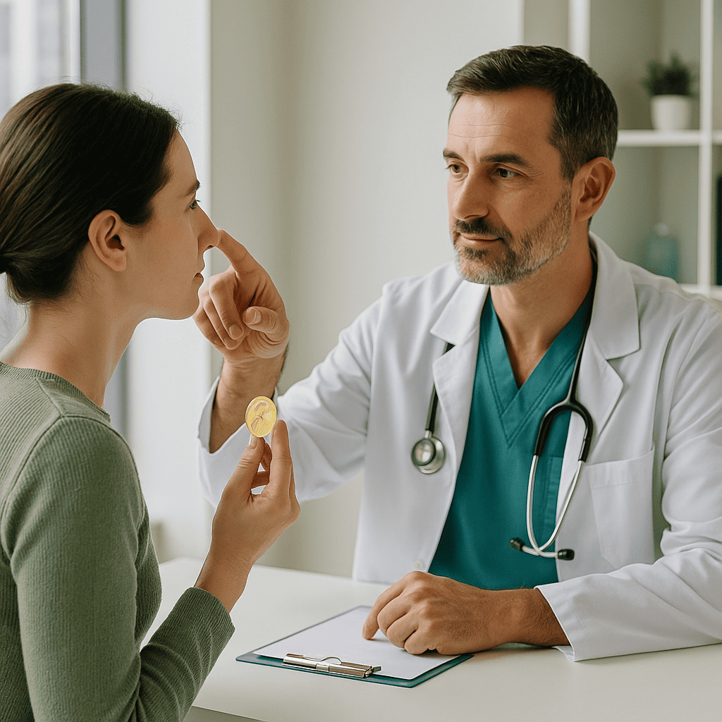 Consulto pre-operatorio tra chirurgo estetico e paziente per definire il prezzo e il piano di cura per una rinoplastica.