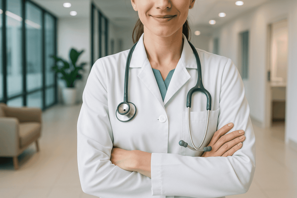 Médecin en blouse blanche dans un couloir de clinique moderne, incarnant l’équipe BestClinic-Turkey
