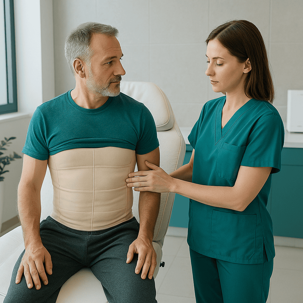 Paziente che indossa una guaina compressiva post-operatoria durante una visita di controllo dopo la chirurgia addominale.