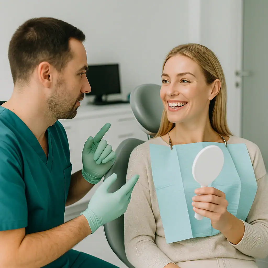 Dentista mostra i risultati dello sbiancamento dentale a una paziente soddisfatta durante il consulto finale