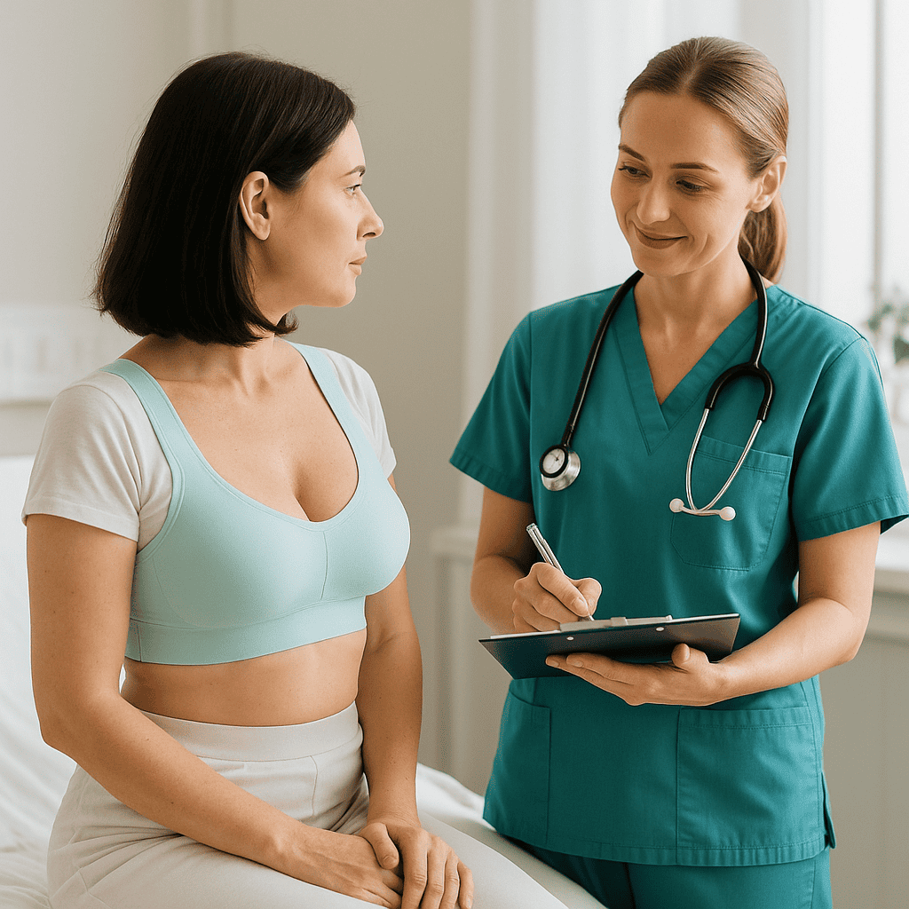 Patiente en soutien-gorge médical en consultation post-opératoire après un lifting des seins en Turquie