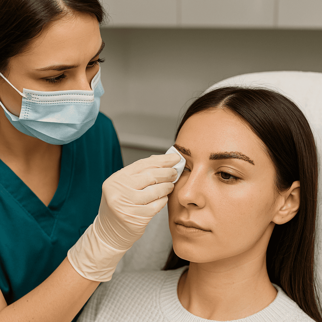 soins post-greffe de sourcils effectués par une professionnelle en clinique