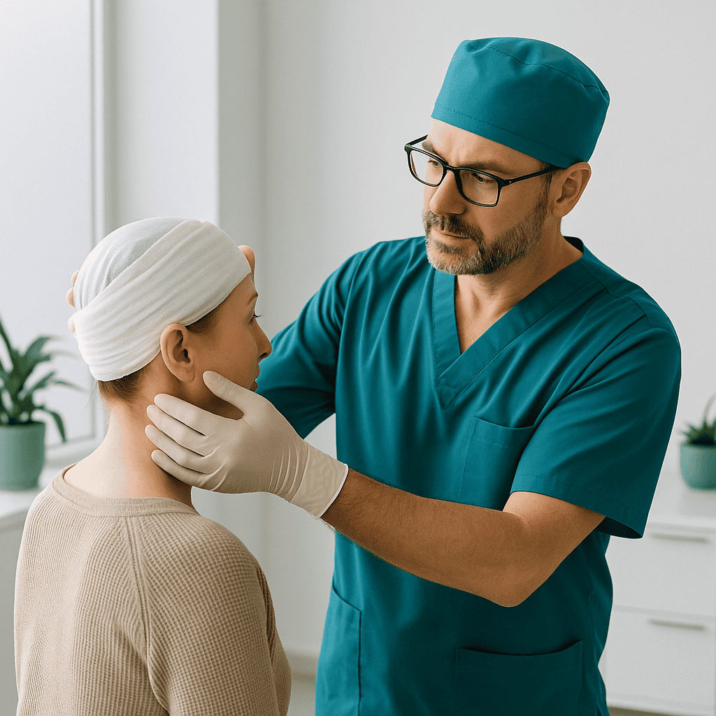 Controllo post-operatorio e medicazione con bendaggio dopo chirurgia estetica delle orecchie