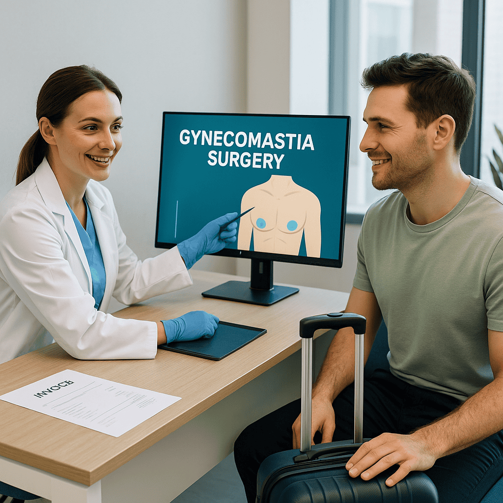 Médecin expliquant le déroulement et le tarif d’une gynécomastie à un patient international dans une clinique turque