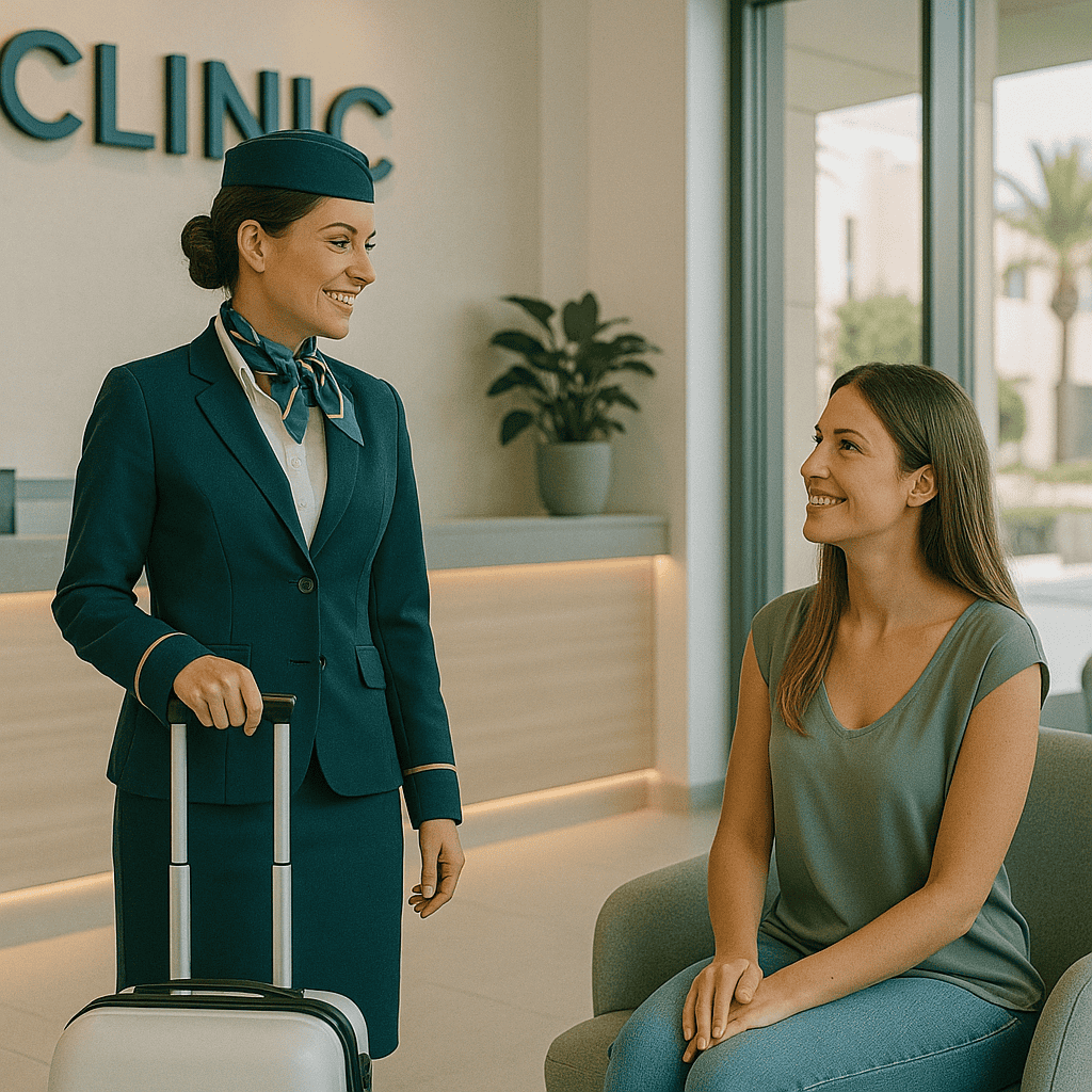 Patiente accueillie dans une clinique par une hôtesse souriante en uniforme