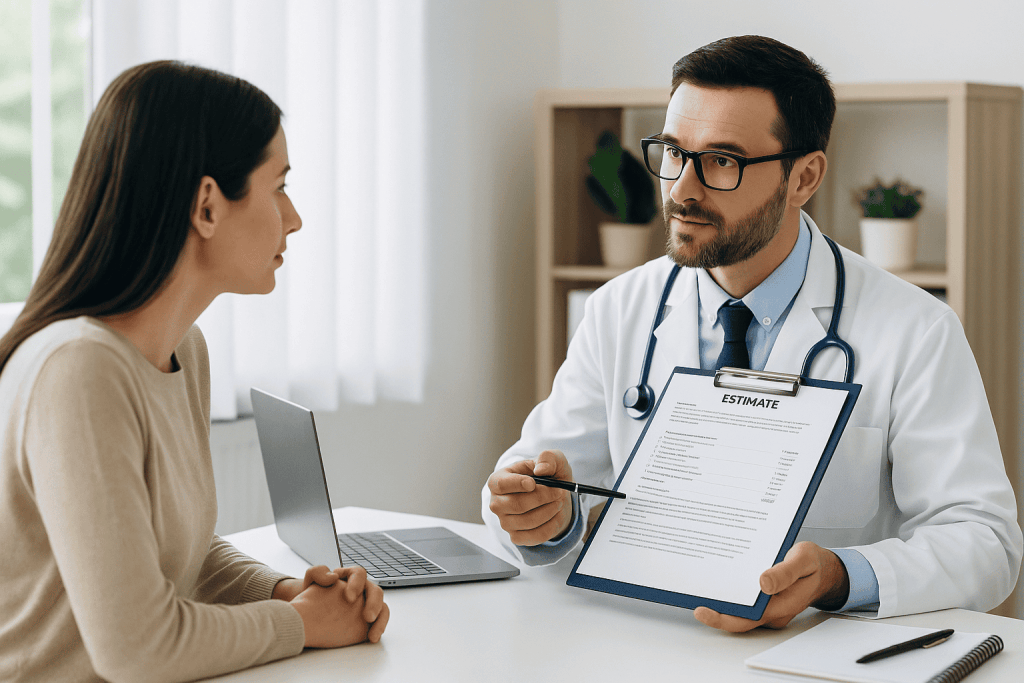Medico con cartella clinica durante consulenza per preventivo medico in Turchia – spiegazione dettagliata dei costi e dei trattamenti a paziente internazionale