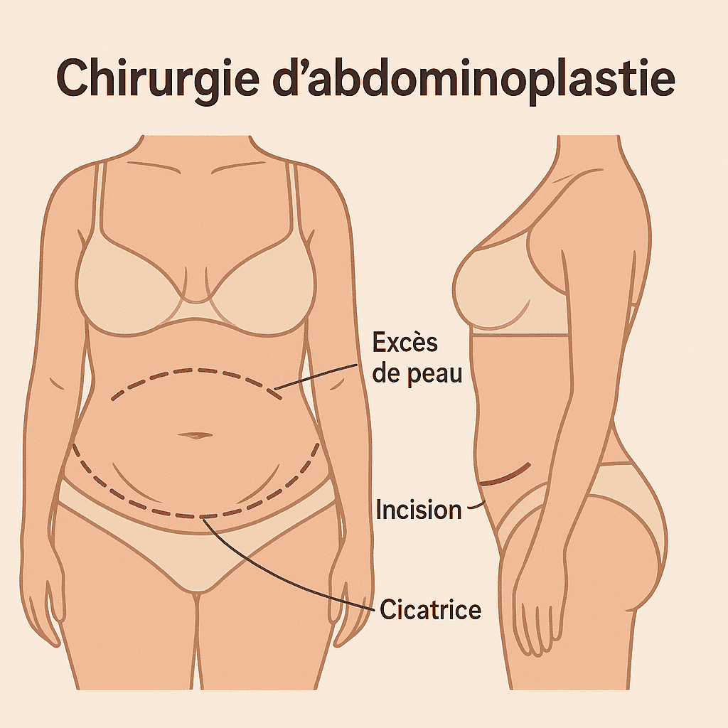 Schéma abdominoplastie Turquie Schéma médical expliquant l’abdominoplastie avec incision et cicatrice