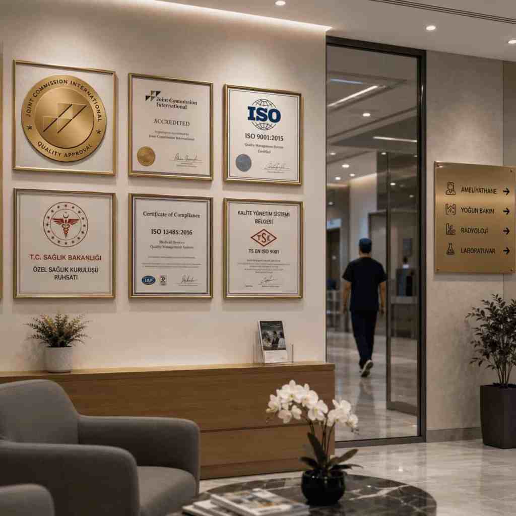Accréditations JCI, certifications ISO et autorisations officielles affichées dans une clinique ou un hôpital privé en Turquie.