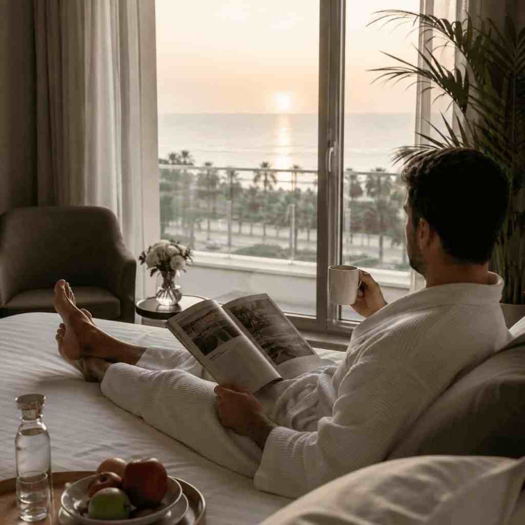 Patient se reposant dans une chambre confortable avec vue sur la mer après une intervention dans une clinique privée en Turquie.