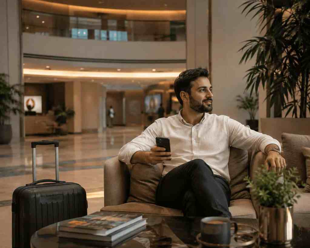 Patient installé dans le hall d'un hôpital privé en Turquie avant sa prise en charge médicale, dans un environnement moderne et confortable.