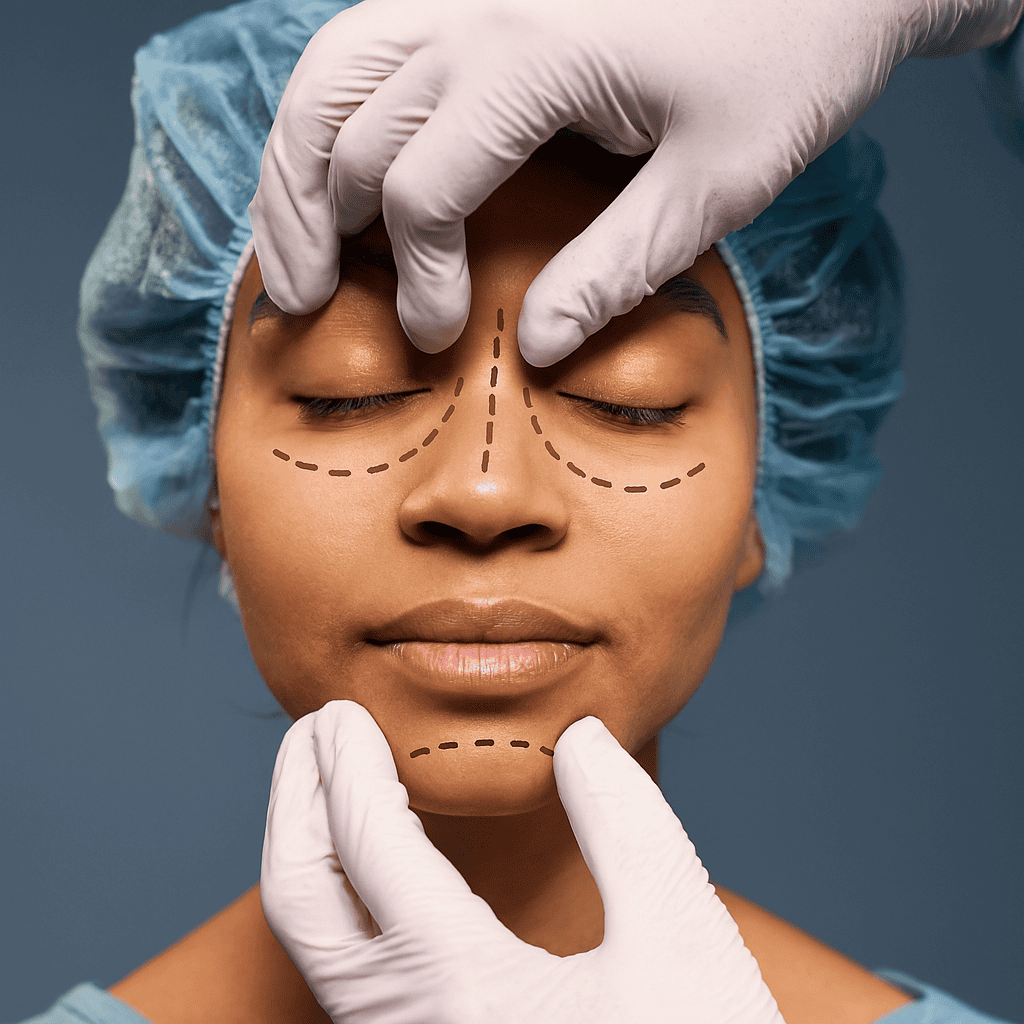 Chirurgo estetico che traccia linee guida pre-operatorie sul viso di una paziente per intervento di lifting e rinoplastica