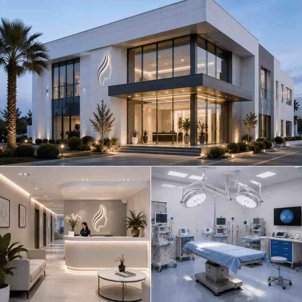 Clinique privée moderne en Turquie avec accueil, bloc opératoire et équipements médicaux spécialisés.