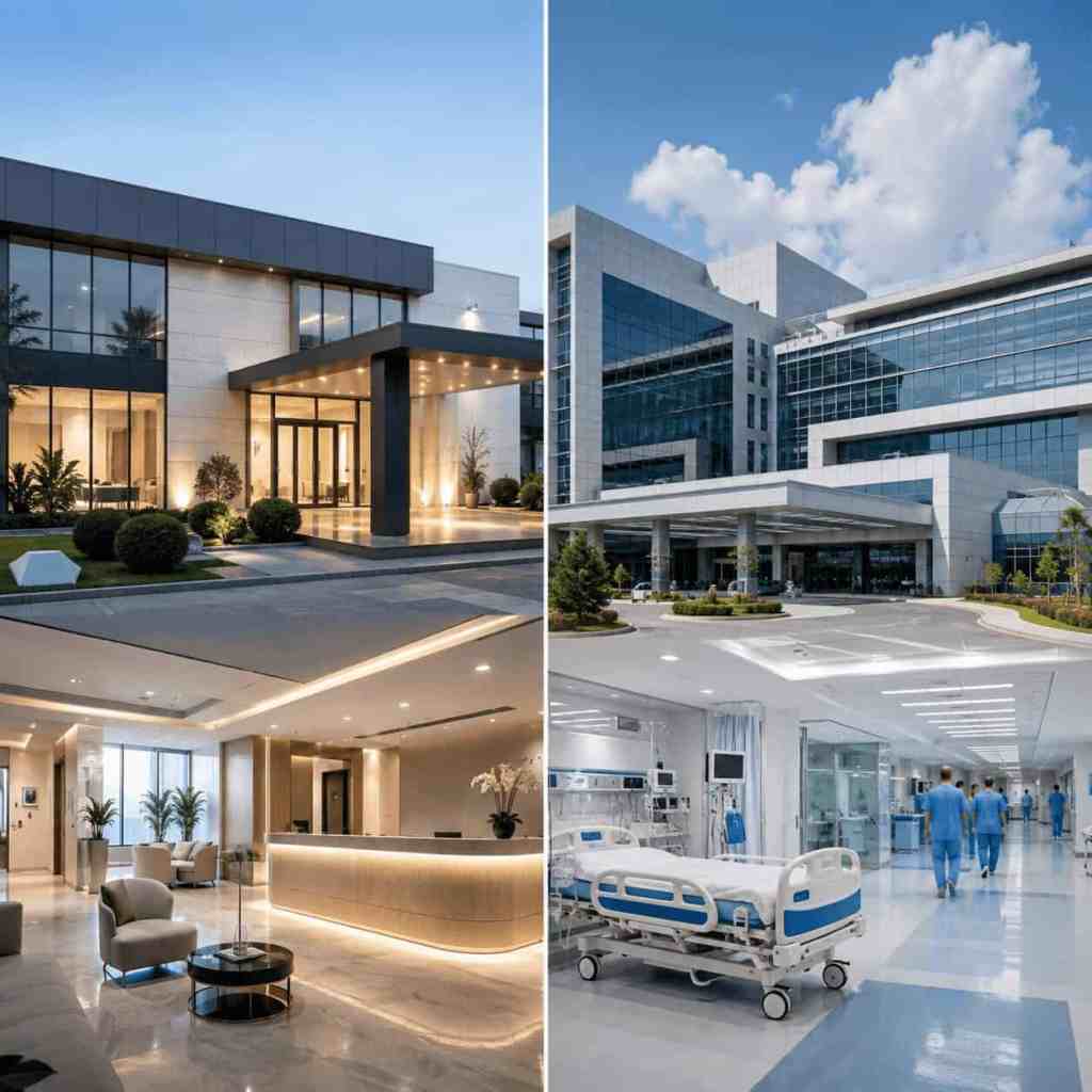 Comparaison entre une clinique privée et un hôpital privé en Turquie montrant les bâtiments, les espaces d'accueil et les infrastructures médicales.