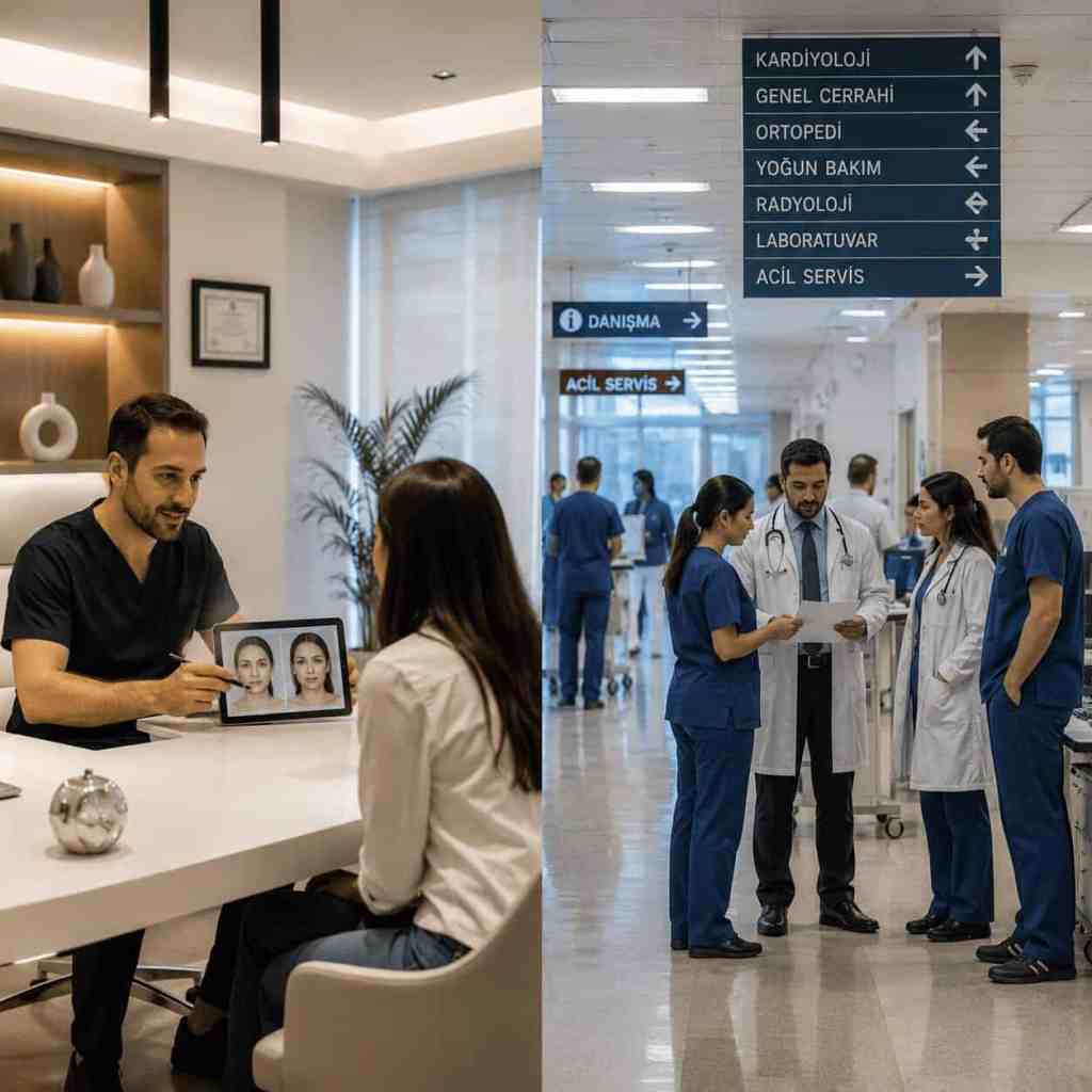 Comparaison entre une clinique privée spécialisée et un hôpital privé multidisciplinaire en Turquie avec consultation et équipe médicale.