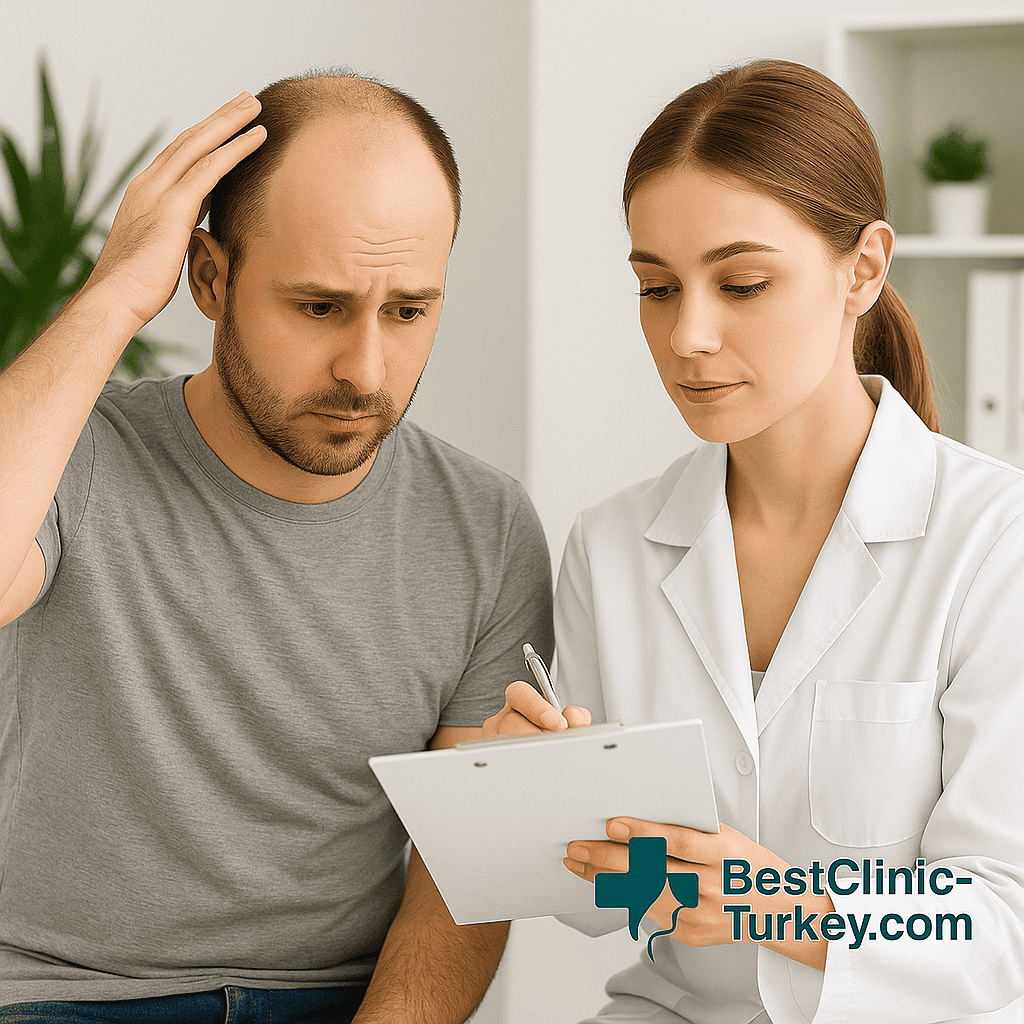 Patient en consultation pour une greffe capillaire avec un médecin en Turquie.