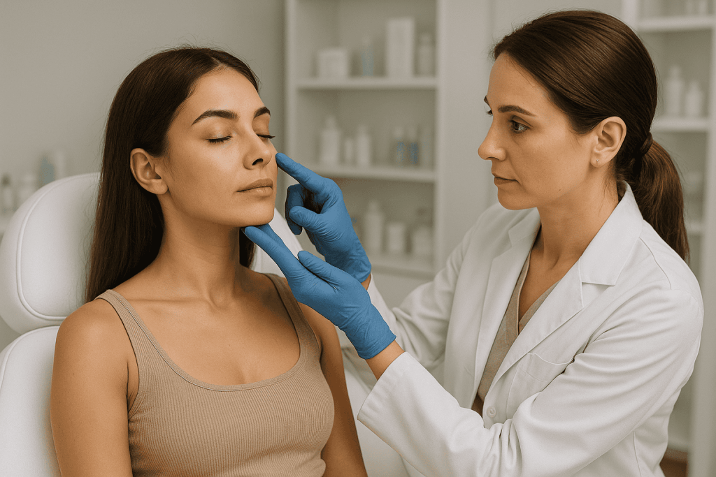 Medico specialista che effettua una consulenza estetica del viso a una paziente in clinica per trattamenti non chirurgici