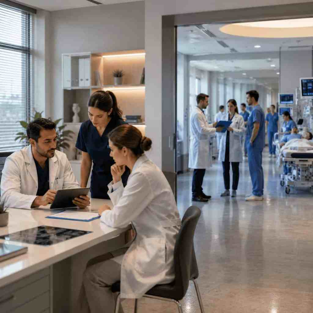 Équipe médicale dans une clinique privée et un hôpital privé en Turquie lors de la prise en charge des patients.