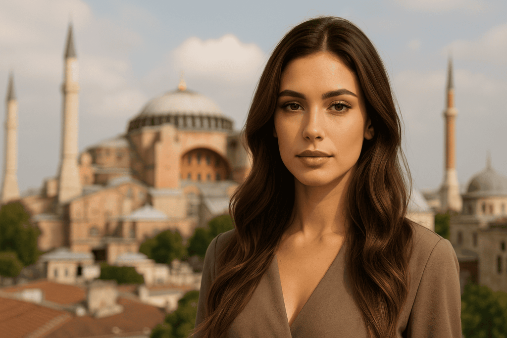 Ritratto di una giovane donna bruna con sfondo della Moschea di Santa Sofia a Istanbul, simbolo del turismo medicale in Turchia