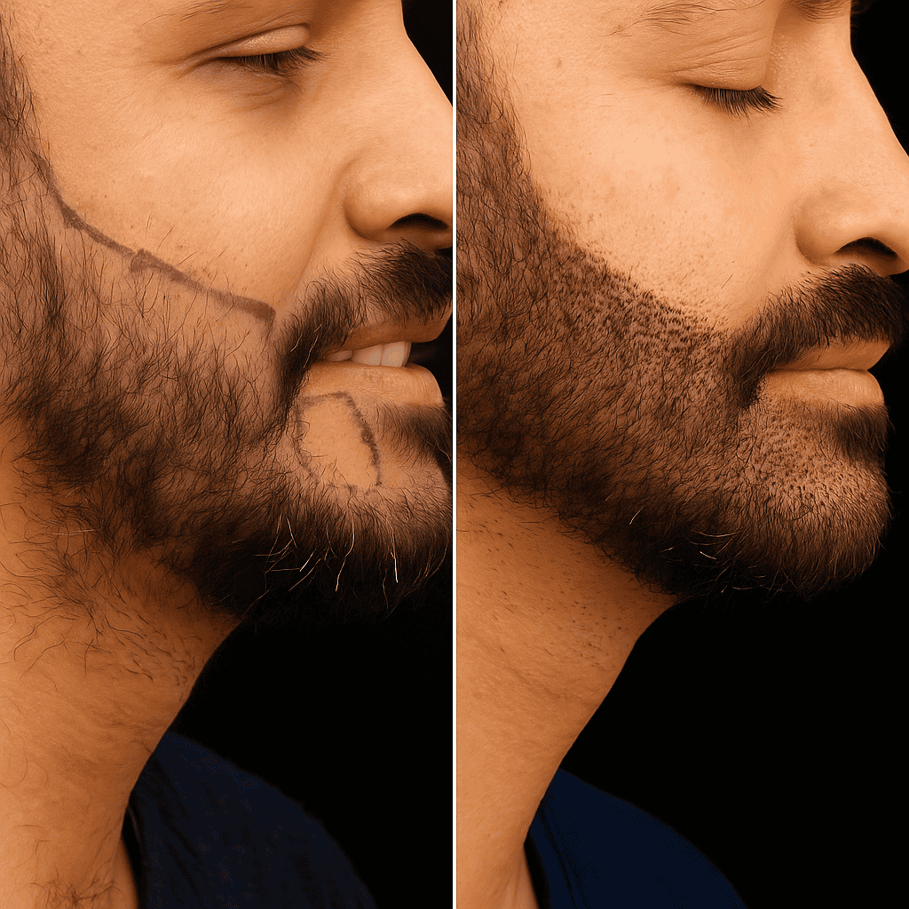 Risultato trapianto barba prima e dopo: definizione delle linee del viso e densità dei peli ottenuta con metodo FUE o DHI