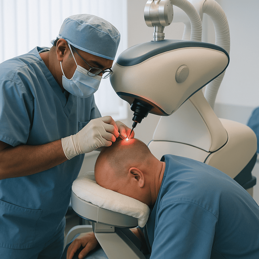 Chirurgo specializzato esegue trapianto capelli con tecnica FUE su paziente in clinica: focus su precisione e strumentazione