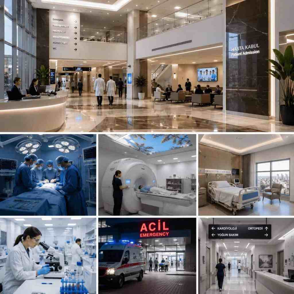Hôpital privé en Turquie avec accueil, bloc opératoire, imagerie médicale, laboratoire, urgences et chambres d'hospitalisation.