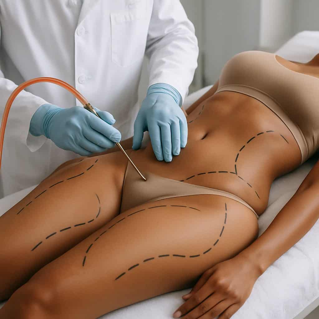 Chirurgo estetico traccia linee pre-operatorie per addominoplastica e rimodellamento corpo