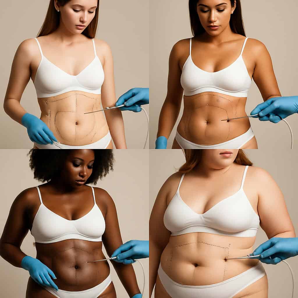 Quattro donne con diverse fisicità e segni pre-operatori per liposuzione e chirurgia estetica