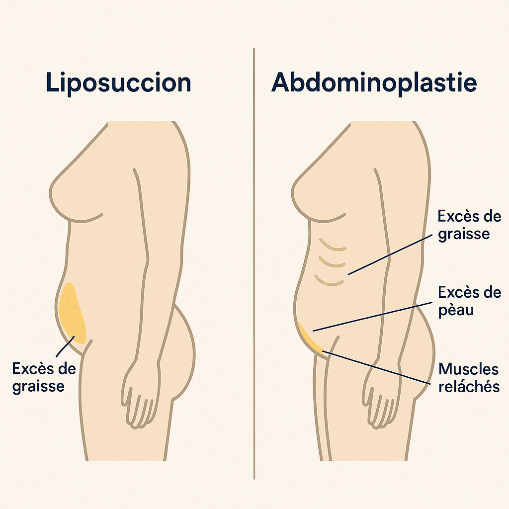 Différence entre liposuccion et abdominoplastie Comparaison entre la liposuccion et l’abdominoplastie montrant les zones ciblées : excès de graisse, excès de peau et muscles relâchés.