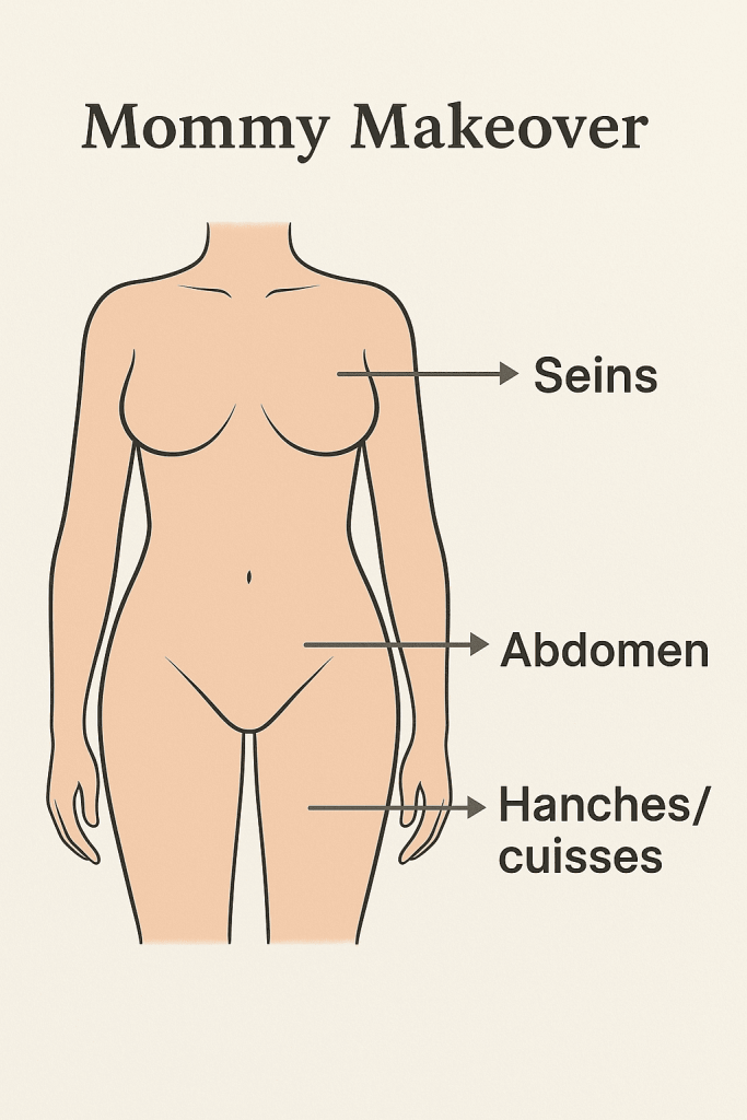 Mommy Makeover – Zones traitées en Turquie Illustration médicale du Mommy Makeover en Turquie, montrant les zones traitées : seins, abdomen et hanches/cuisses.