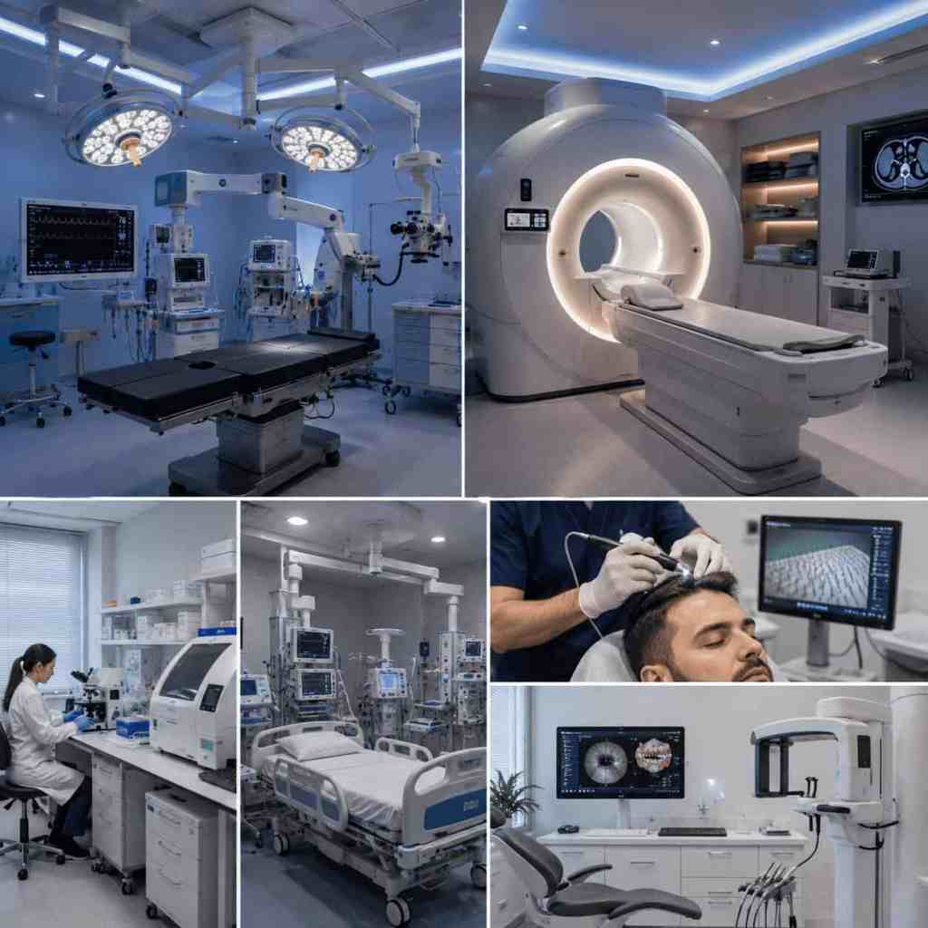 Plateau technique d'une clinique ou d'un hôpital privé en Turquie avec bloc opératoire, IRM, laboratoire et équipements médicaux spécialisés.