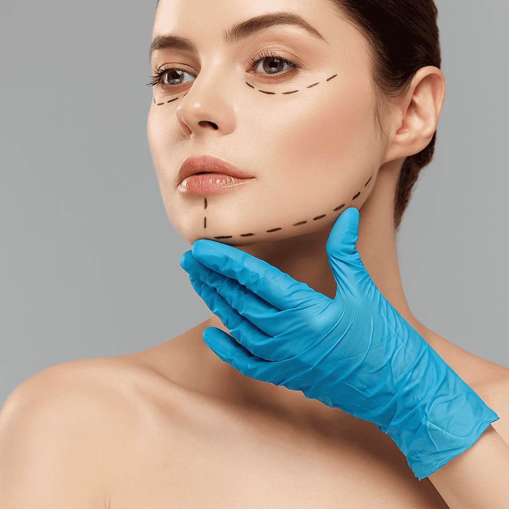 Donna con segni pre-operatori sul viso e mano di un medico con guanto chirurgico blu per consulenza di chirurgia estetica facciale