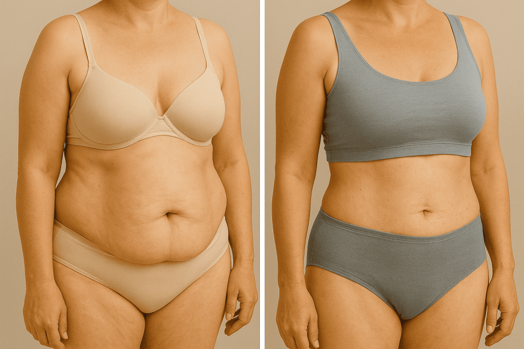 prima e dopo addominoplastica in Turchia con addome più tonico e liscio, miglioramento della silhouette femminile in clinica di chirurgia estetica certificata