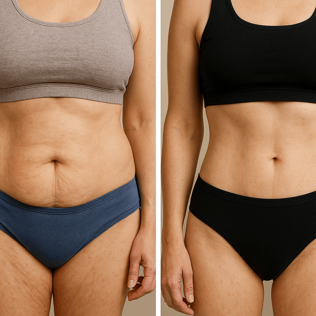 prima e dopo addominoplastica in Turchia con addome più piatto e tonico, risultati di rimodellamento corporeo presso clinica di chirurgia estetica certificata