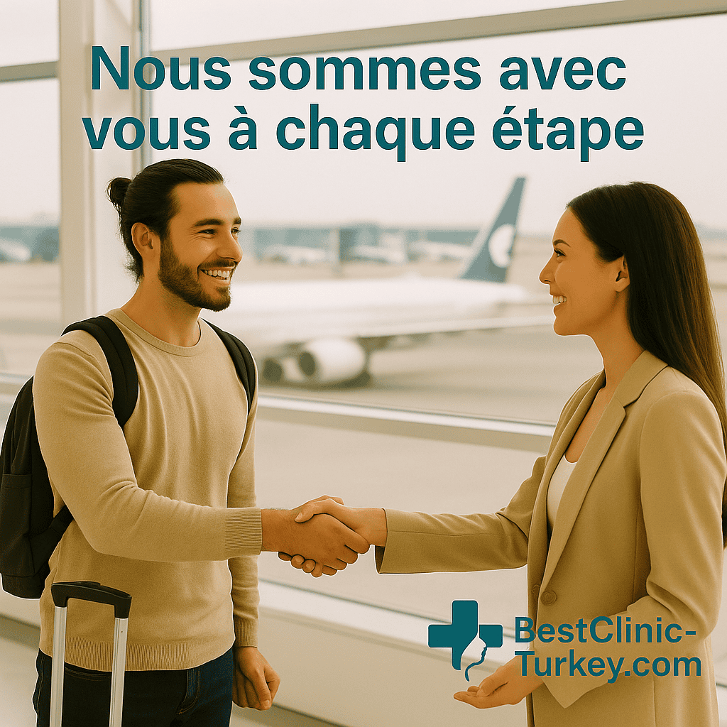 Patient accueilli à l’aéroport par une représentante pour un traitement médical en Turquie.
