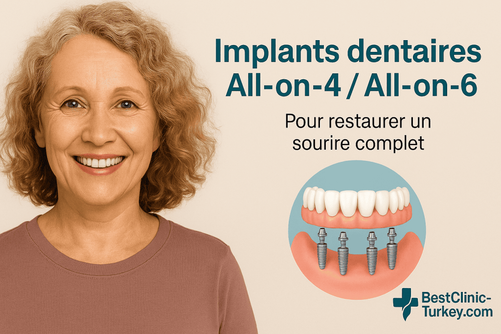Femme souriante après implants dentaires All-on-4 Turquie illustration All-on-6